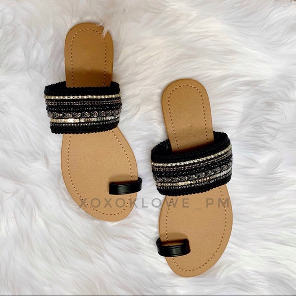 Black + Silver Boho Embellished Toe Ring Slide Sandal Size 5.5 & 6 - Picture 5 of 10